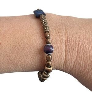 Handmade Elastic Beaded Bracelet Lapis Lazuli Brass Beads One Size Blue Gold